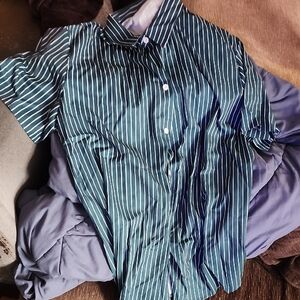 SHEIN Men's Teal & White Vertical Stripe Short-Sleeve Button-Down Shirt